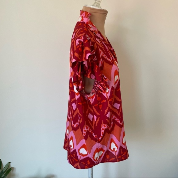 Feather & Find Ruffle Trim Tie V-Neck Red Multi Printed Rayon Paradiso Top EUC S - Picture 4 of 9